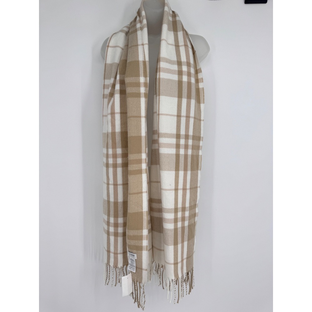 J.Crew Plaid Scarf Women OS Tan White Fringe Neutral Classic Wrap Winter Cozy